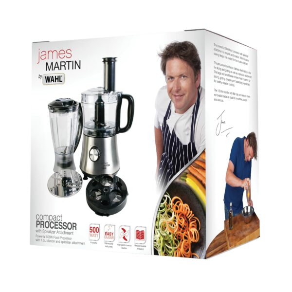 Wahl James Martin Food Processor Compact with Spiralizer, 500 W, 1.5 Litre with Spiralizer Electric, Ice Crushing 1 L Blender, Blade/ Slicing and Grating disc, 2.3 Kgs