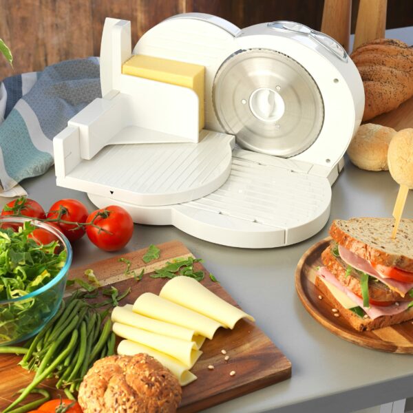 Progress EK3683P Electric Meat Slicer – Non-Slip Deli Food Cutter for Bread/Cheese/Cold Cuts, 17cm Stainless Steel Serrated Blade, Adjustable Thickness 1-15mm, Home Slicing Machine, Food Pusher, 150W
