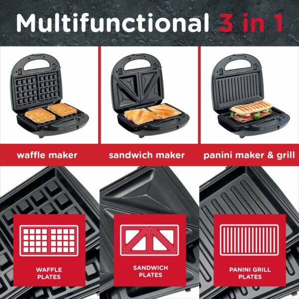 Sensio Home Multi Functional 3 in 1 Stylish Waffle, Deep Fill Sandwich, Panini or Grill Maker Machine Interchangeable Non Stick Easy Clean Plates, Secure Lock Plus Ready & Power Lights, Powerful Iron