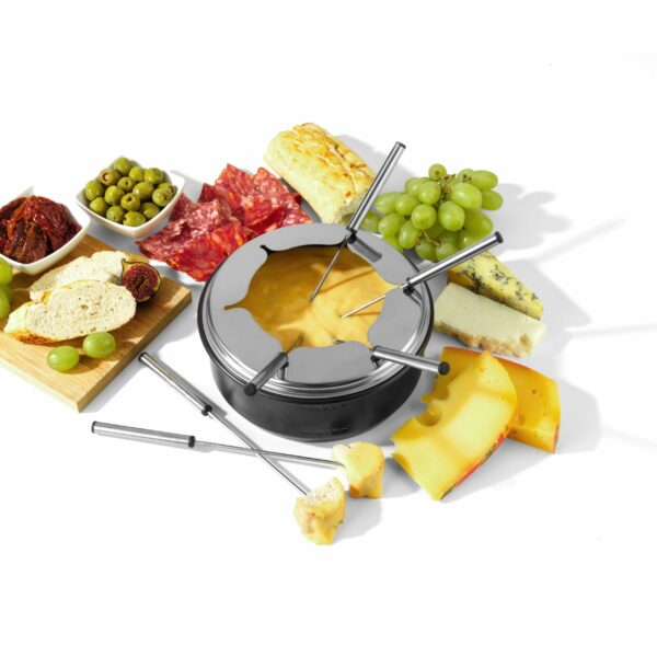 Salter EK4513 Electric Raclette Grill & Fondue - 2 In 1 Indoor Grill, 1.3L Chocolate Melting Pot, 6 Forks, Cheese Fondue Set, Adjustable Temperature Control, 8 Non-Stick Pans & Wooden Spatulas, 1400W