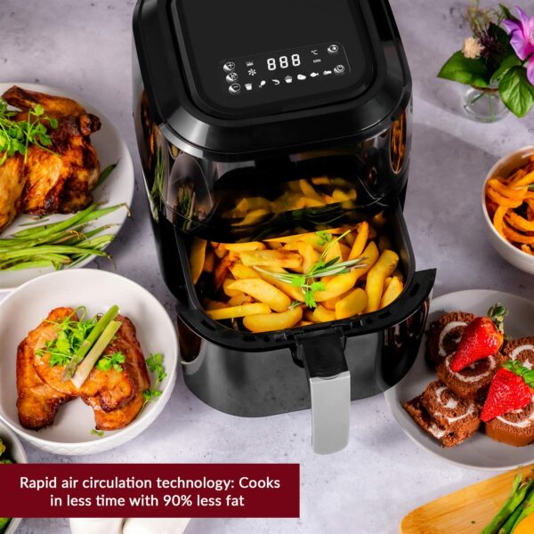 Innoteck Kitchen Pro 5L Air Fryer with Viewing Window - Healthy Low Fat No Oil Cooking - For Air Frying, Roast, Dehydrate, Bake, & Reheat - Dishwasher Safe Accessories, Non-Slip Feet - Gloss Black