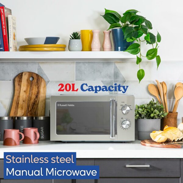 Russell Hobbs Stainless Steel Microwave 20 Litre 800W Solo Manual with 5 Power Levels, Defrost Function & Easy Clean, 35 Minute Timer, RHMM827SS