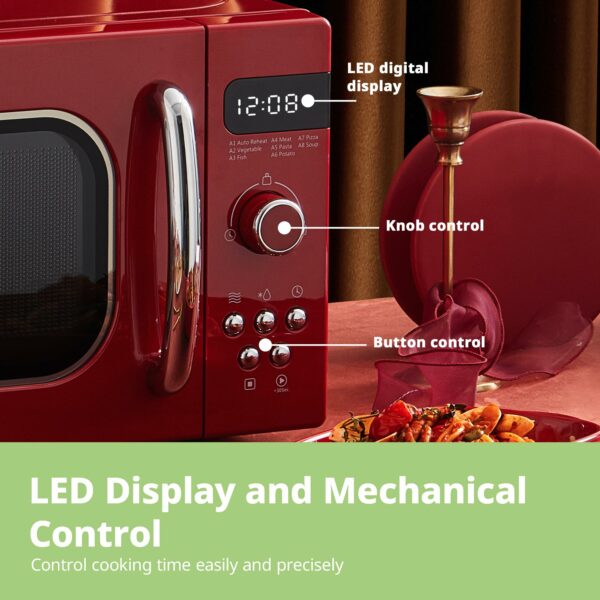 COMFEE' Retro Style 800w 20L Microwave Oven with 8 Auto Menus, 5 Cooking Power Levels, and Express Cook Button - Passionate Red - CM-M202RAF(RD)