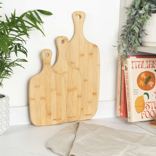 Salter Wooden Chopping Boards - 3 Piece Bamboo Chopping Board Set - 30cm, 35cm, 45cm, Chop, Cut & Carve Meat, Vegetables, Cheese & Bread, Protects Worktops, Paddle Handles With Hooks, BW06732EU7