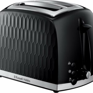 Russell Hobbs Honeycomb 2 Slice Toaster (Extra wide slots, High lift feature, 6 Browning levels, Frozen/Cancel/Reheat function, Removable crumb tray, 850W, Black, Textured high gloss) 26061