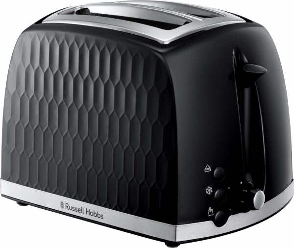 Russell Hobbs Honeycomb 2 Slice Toaster (Extra wide slots, High lift feature, 6 Browning levels, Frozen/Cancel/Reheat function, Removable crumb tray, 850W, Black, Textured high gloss) 26061