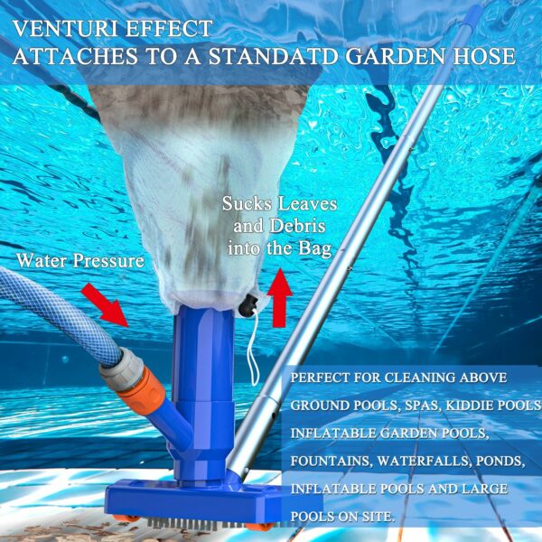 Pool Vacuum Cleaner Head with 4 Detachable Intensify Aluminum Pole, Brush and Leaf Bag, Swimming Pool Vacuum Cleaner