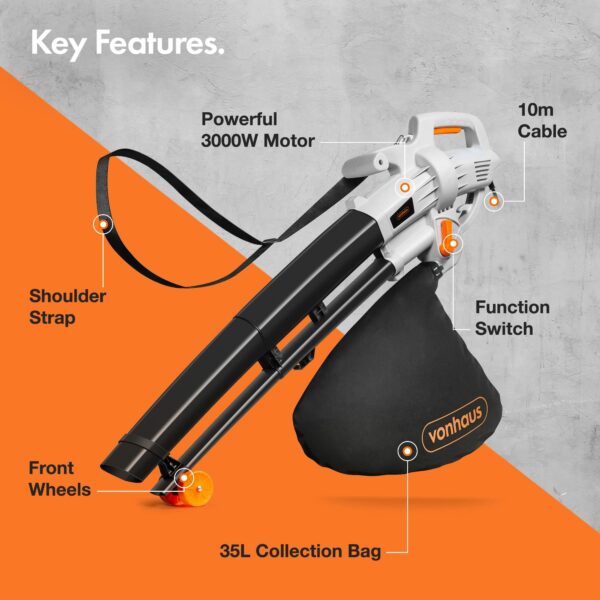 VonHaus Leaf Blower and Vacuum 3000W – Corded Leaves Collector, Clear Gardens, Patios, Gutters, Driveways & More – Lightweight, 10m Cable, Shoulder Strap, Wheels, 35L Collection Bag – 3 Year Warranty