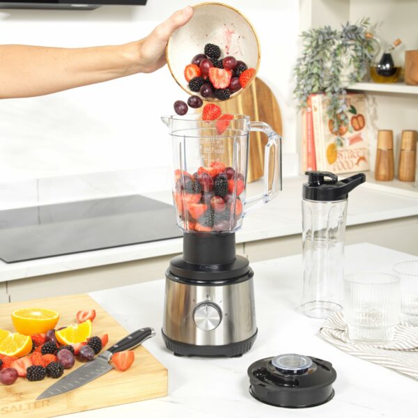 Salter 4 In 1 Juicer & Blender – Fruit Juicer & Smoothie Maker, 1L Jug Blender, Includes 600ml Sports Bottle & Fridge Storage Container, Coffee & Spice Grinder, 2 Speed Settings & Pulse, 400W, EK4294