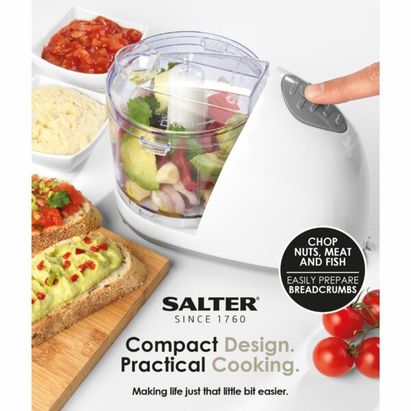 Salter EK2182 Electric Mini Food Chopper – 350ml Food Processor, Oil Drizzle Hole, Easy Food Prep, Dice Fruit/Vegetables/Onions, BPA-Free Dishwasher Safe Bowl, Stainless Steel Blades, One Touch, 150W