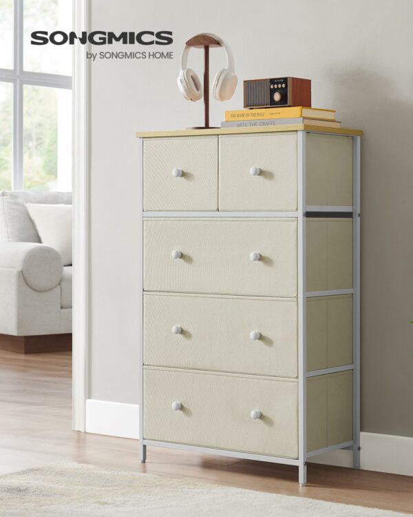 SONGMICS Chest of Drawers, Fabric 5-Drawer Storage Organiser Unit, Dresser, for Living Room, Hallway, Nursery, Camel Yellow and Cream White LTS514W01
