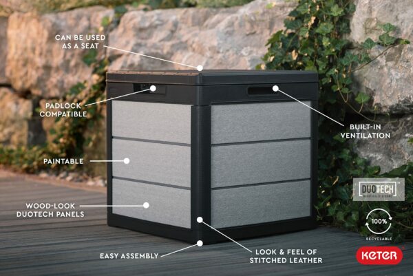 Keter Denali 30 Gallon Resin Outdoor Storage Box and Patio Storage Box Side Table for Pool and Garden Accessories, Grey & Black