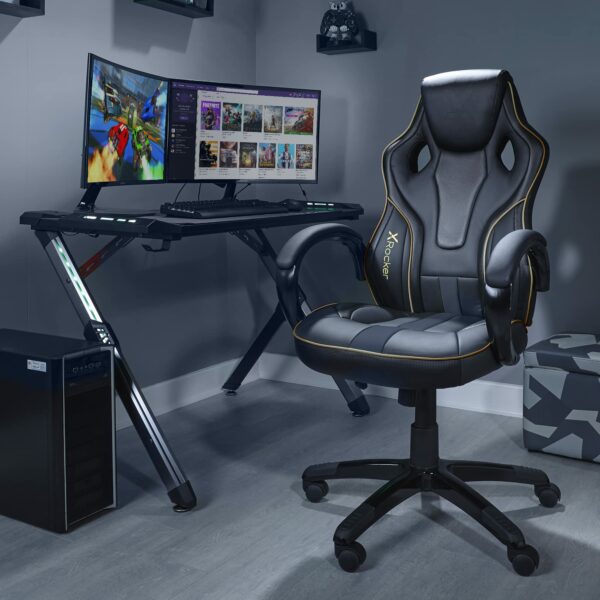 X-Rocker Maverick Gaming Racing Desk Chair, Adjustable Computer Office Chair with Mid-Back Support, PU Leather Height Adjustable Swivel Base with Natural Lumbar Support Curve - BLACK/GOLD