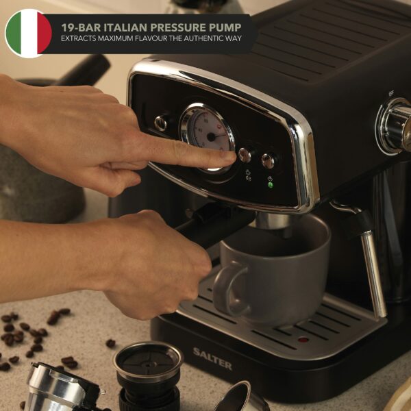 Salter EK4620 3 in 1 Barista Deluxe Coffee Machine,Compatible with 30/54 mm Capsules and Ground Coffee,Espresso and Cappuccino Maker with Milk Frothing Wand, 19-Bar Italian Pressure Pump,1050 W,Black