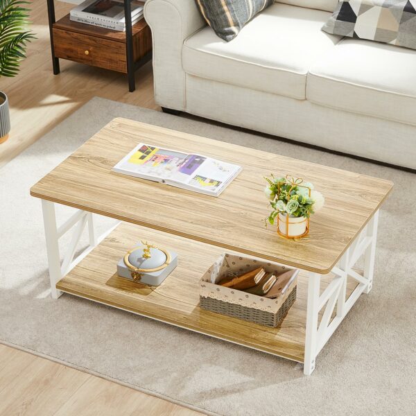 GreenForest Coffee Table with 2-Tier Storage,100 cm Living Room Table with Round Corner, Center Table with X-Frame Design for Home Office,Oak