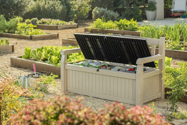 Keter Eden Bench 265L Outdoor 60% recycled Garden Furniture Storage Box Beige Brown Wood Panel Effect