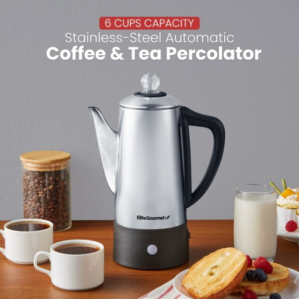 Elite Gourmet Electric 6-Cup Coffee Percolator EC140 with Keep Warm, Clear Brew Progress Knob Cool-Touch Handle Cord-less Serve, Stainless Steel