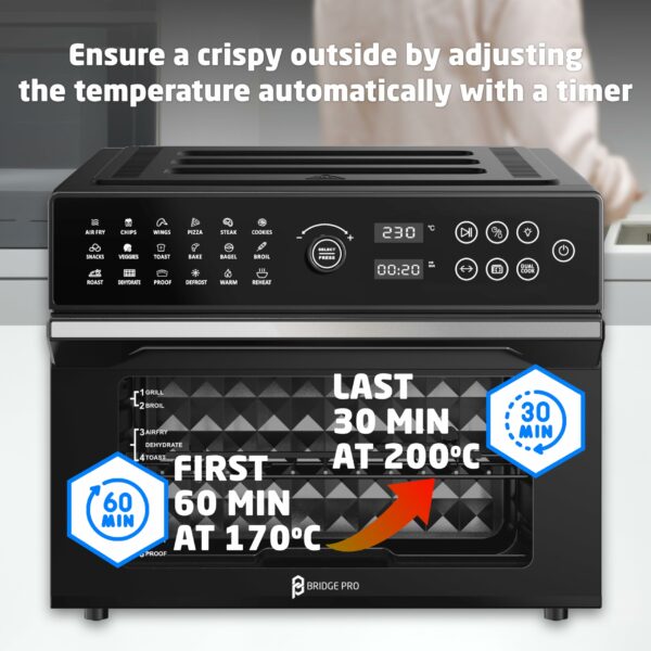 BridgePro 30L Digital Air Fryer Oven With Rotisserie Full Accessory Set - XL Family Sized 18 in 1 Dual Cook Smart Dial 360° Hot Air Circulation Time & Temp Controlled Fast Cooking 1800W