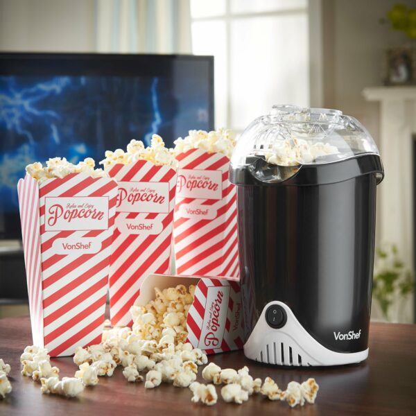 VonShef Popcorn Maker – 1200W Air Popcorn Machine with Hot Air Circulation, One Touch Operation, Movie Night Accessories, Healthy & Oil Free Snack Maker for Kids with 6 Boxes - Black