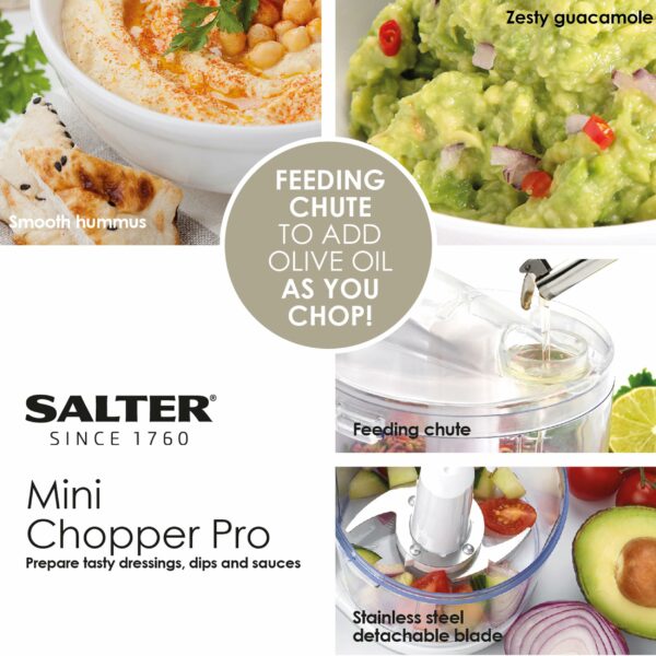Salter EK2182 Electric Mini Food Chopper – 350ml Food Processor, Oil Drizzle Hole, Easy Food Prep, Dice Fruit/Vegetables/Onions, BPA-Free Dishwasher Safe Bowl, Stainless Steel Blades, One Touch, 150W