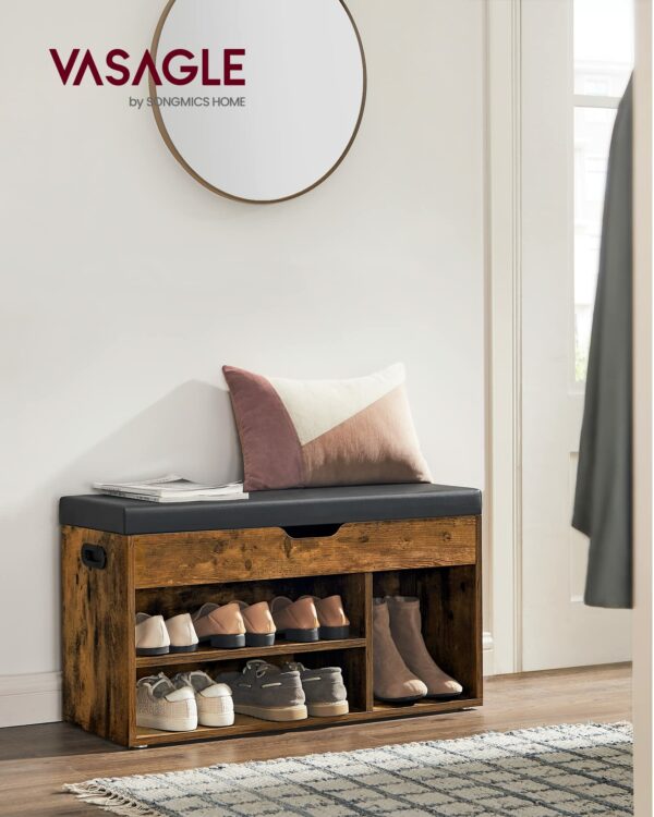 Vasagle Shoe Bench with Cushion, Storage Bench with Padded Seat, 3 Compartments, Hidden Storage, Shelves