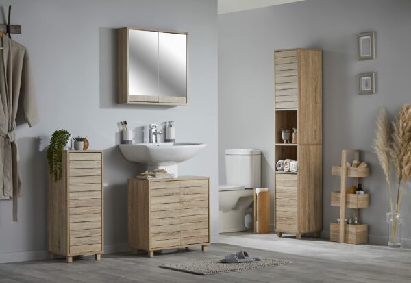House & Homestyle Penny Under Sink Unit, Floor Standing Bathroom Cabinet, Space Saving Washroom Cupboard Storage Solution, 2 Door Vanity Unit - Oak Effect Slatted Wood Finish (60cm x 60cm)