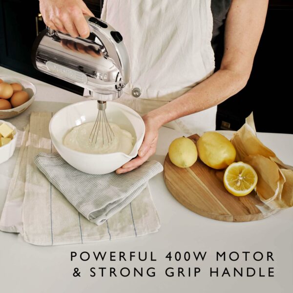 Dualit Hand Mixer Chrome - 400W - Strong Grip Handle - Attachments Included - Integral Plug Storage - 4 Speed Settings - Repairable gears - Flat Beaters, Dough Hooks, Balloon Whisk