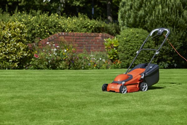 Flymo EasiStore 380R Electric Rotary Lawn Mower - 38 cm Cutting Width, 45 Litre Grass Box, Close Edge Cutting, Rear Roller, Central Height Adjust, Space Saving Storage Features
