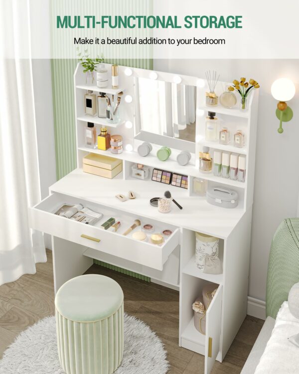 Hzuaneri Dressing Table, Large Tabletop with Mirror, LED Light with Adjustable Brightness, Organiser Drawers and Storage Cabinets, Open Shelves, for Bedroom, Cloakroom, White DT19903XUK