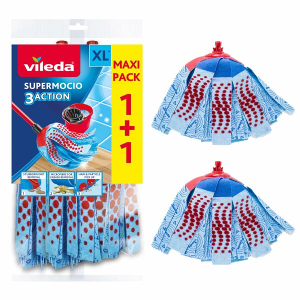 Vileda SuperMocio 3Action XL Mop Refill, Pack of 2 SuperMocio 3 Action Mop Head Replacements, Fits all SuperMocio Mops, Authentic Vileda Mop Head