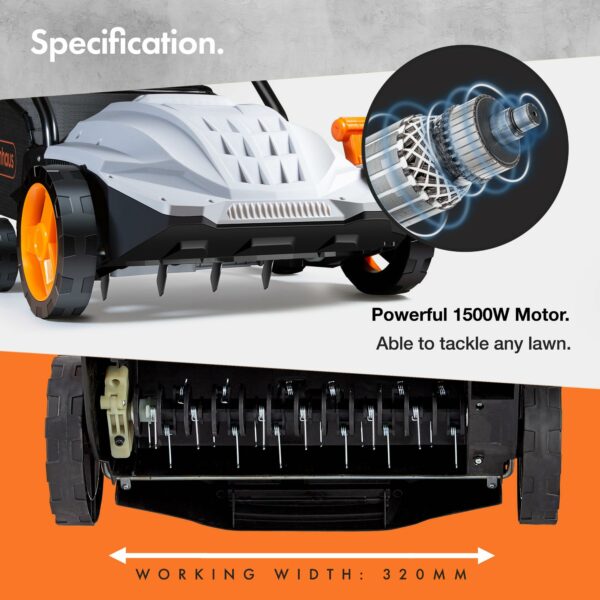 VonHaus Lawn Scarifier Aerator Rake Electric 1500W – for Dethatching/Raking Grass of Thatch, Moss, Dead Leaves and Aerates Soil