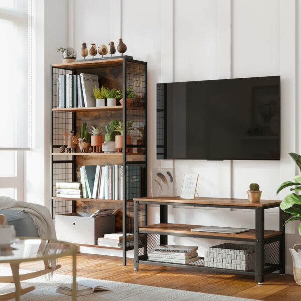 Vasagle Bookcase, Office Storage Shelf, 4 Tiers for Books, Decorations, Stable Steel Frame, S-Shaped Hooks for Hanging