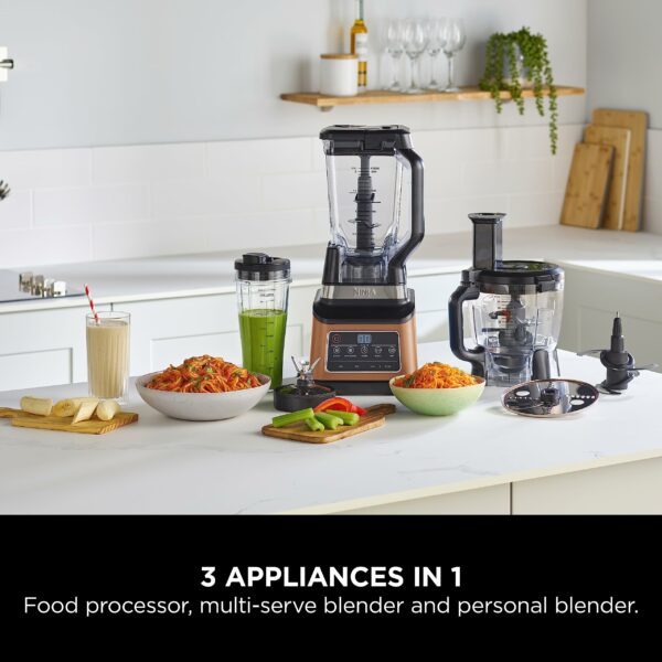 Ninja 3-in-1 Food Processor & Blender, Coffee & Spice Grinder, 5 Auto Programs; Blend, Max, Chop, Puree, Mix, 1.8L Bowl, 2.1L Jug, 700ml Cup, 1200W, Apron, Dishwasher Safe, Copper/Black BN800UKDBCP