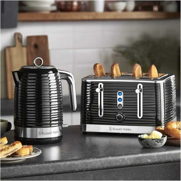 Russell Hobbs Inspire 4 Slice Toaster (Extra wide slots, High lift feature, 6 Browning levels, Frozen/Cancel/Reheat function with Blue LED illumination, 1800W, Black textured high gloss) 24381