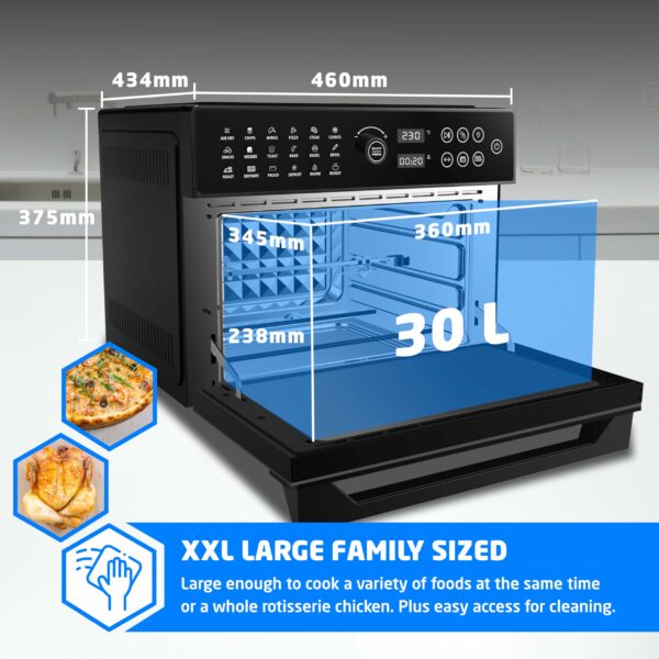 BridgePro 30L Digital Air Fryer Oven With Rotisserie Full Accessory Set - XL Family Sized 18 in 1 Dual Cook Smart Dial 360° Hot Air Circulation Time & Temp Controlled Fast Cooking 1800W
