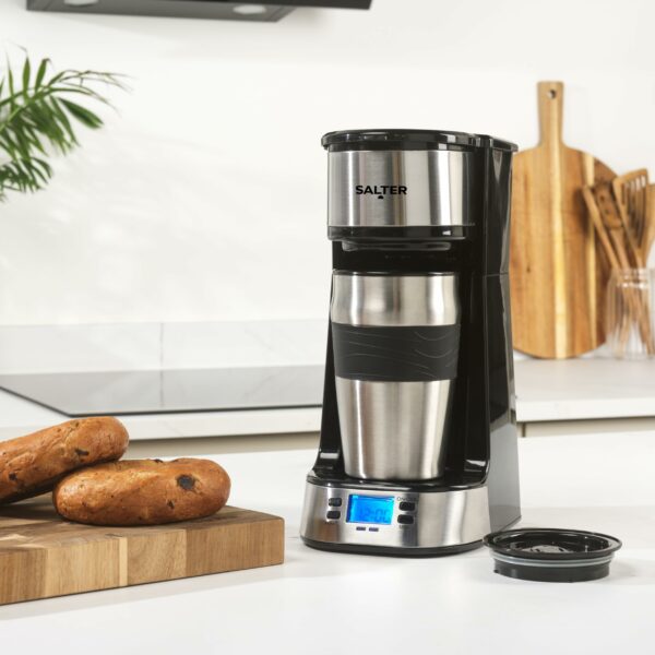 Salter Digital Coffee Maker – One Cup Filter Coffee Machine, Washable & Reusable Filter, Includes 420ml Stainless Steel Travel Mug, 3-4 Minutes Brewing, Suitable For Ground Coffee / Pads, Timer, 750W