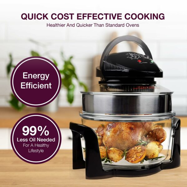 Andrew James Halogen Oven Cooker 12l – 17l 1400W | Glass Air Fryer with Turbo Wash and Included Accessories | Halogen Oven Cooker with Extender Ring & Replacement bulb (BLACK)