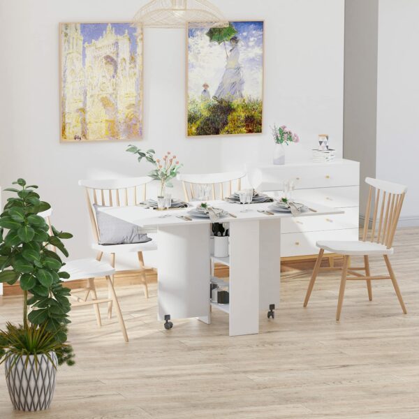 Homcom Folding Dining Table, Drop Leaf Table with 2-Tier Shelves, Rolling Casters, for Small Spaces, Kitchen, White