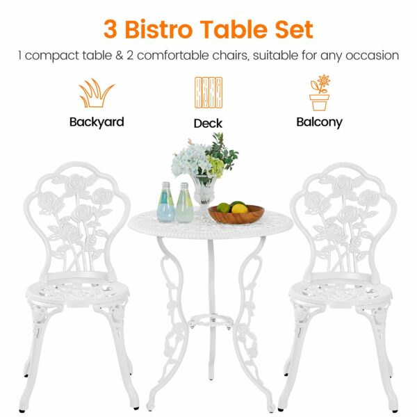 Yaheetech 3 Piece Patio Bistro Table Set Garden Furniture Set, Aluminum Table and Chairs Outdoor Patio Furniture, Rose Design Dinging Table and Chairs for Balcony Garden Porch, White