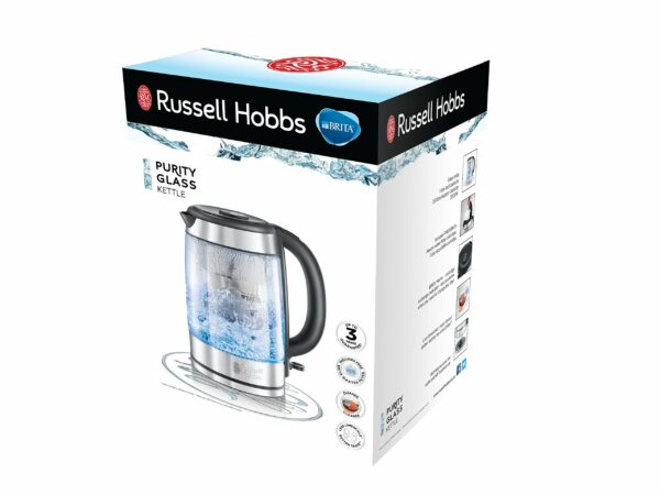 Russell Hobbs Brita Filter Purity Glass 1.5L Electric Cordless Kettle for cleaner, clearer water (Brita Maxtra+ Cartridge inc with replacement reminder, Fast boil 3KW, Perfect pour spout) 20760-10