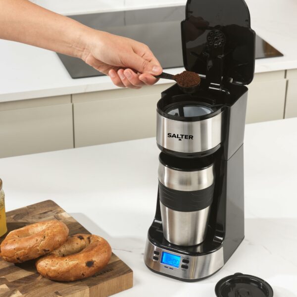 Salter Digital Coffee Maker – One Cup Filter Coffee Machine, Washable & Reusable Filter, Includes 420ml Stainless Steel Travel Mug, 3-4 Minutes Brewing, Suitable For Ground Coffee / Pads, Timer, 750W