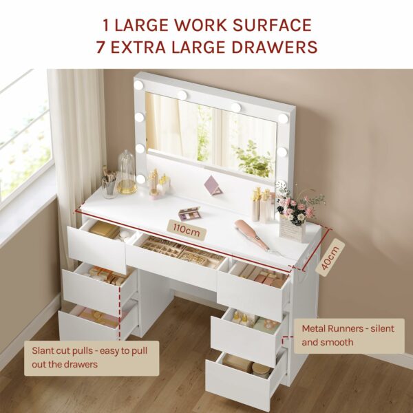 WOLTU Dressing Table with Lights and Multi-Socket, Vanity Desk with Large LED Mirror and 7 Drawers, Makeup Desk 110x39.5x140.5cm, White Modern Bedroom Dresser, MB6124ws