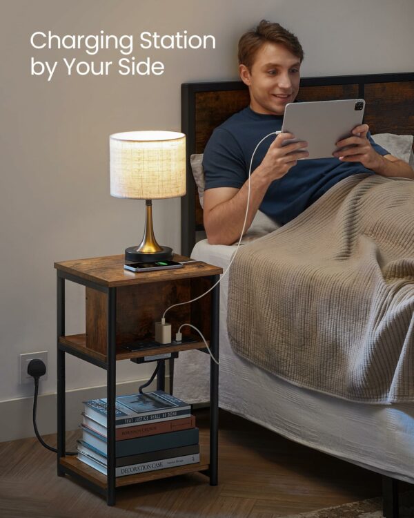 Vasagle Slim Side Table with Charging Station, Narrow Bedside Table with 2 AC Outlets 2 USB Outlets