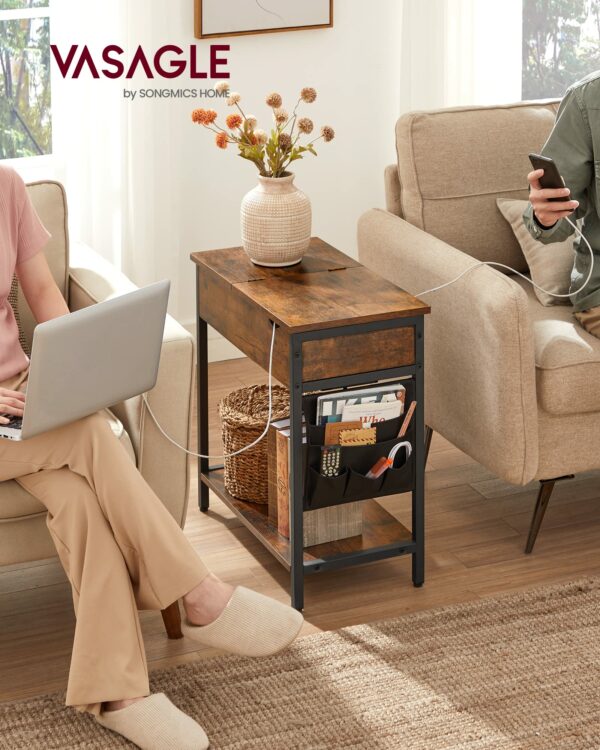Vasagle Slim Side Table with Charging Station, Narrow Bedside Table with Storage, End Table with USB Ports, Outlets, Fabric Bags