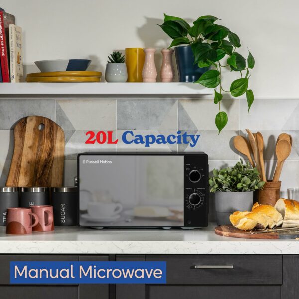 Russell Hobbs 20 Litre 800W Black Solo Manual Microwave, 5 Power Levels, Integrated Timer and Defrost Function, Easy Clean RHM2027B