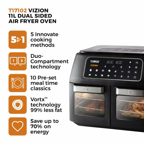 Tower T17102 Vortx Vizion Dual Compartment Air Fryer Oven with Digital Touch Panel, 11L, Black