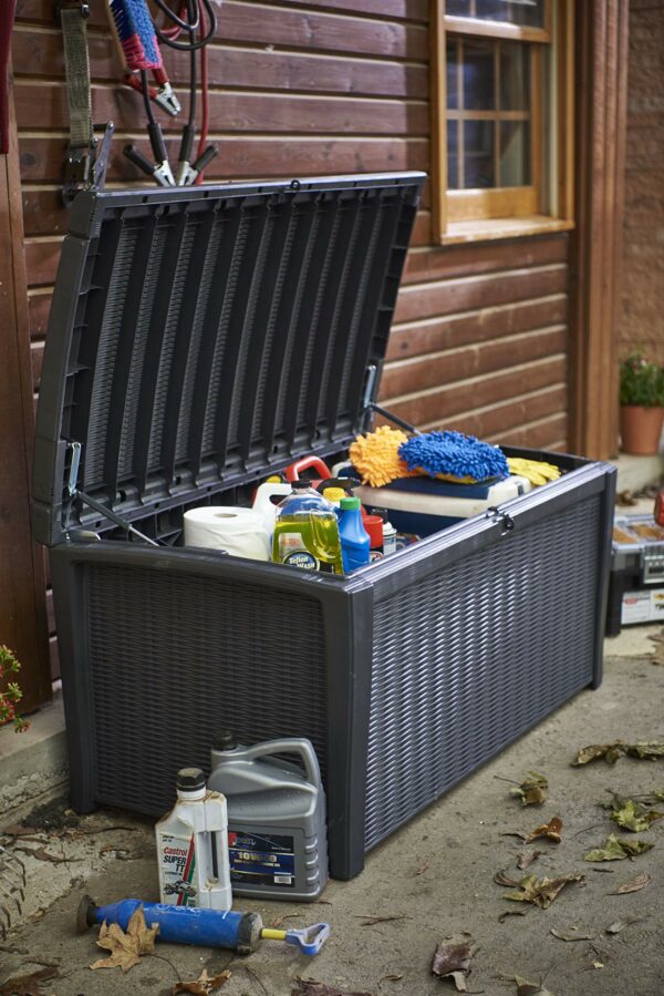 Keter Borneo 416L Outdoor 60% recycled Garden Furniture Storage Box Grey Rattan Effect Fade Free All Weather Resistant  Safe and Secure