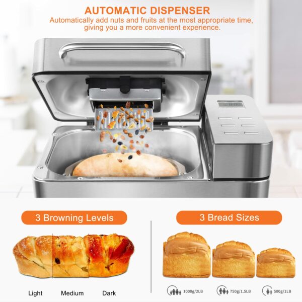 Bread Maker Machines 19 in 1, Stainless Steel Breadmaker with Nut Automatic Dispenser, 2.2LB Large Bread Machine, Nonstick Pan, LCD Touch Panel, Gluten Free, Dough Maker, Jam, Yogurt by KITCANIS