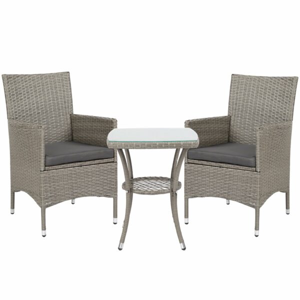 Outsunny 3 Pieces Rattan Bistro Set, Wicker Garden Furniture Set with 2-Tier Coffee Table and Chairs, Washable Cushions, for Outdoor Patio Balcony, Grey
