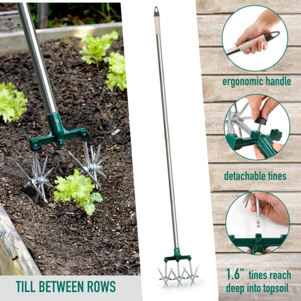 Rotary Cultivator Set, 25"-63" Adjustable Gardening Rotary Tiller and Hand-Held Garden Cultivator Tool with Steel Detachable Tines, Reseeding Grass or Soil Mixing